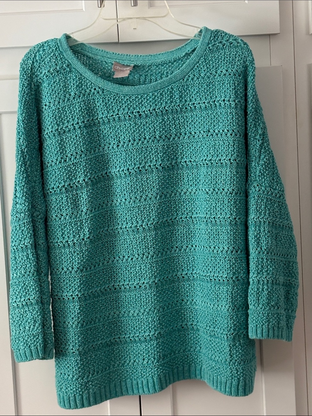 Chico's Aqua Teal Open-Stitch Crewneck Sweater